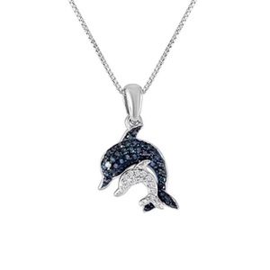 1/10 CTW BLUE & WHITE DIAMOND DOLPHIN PENDANT IN STERLING ON 16” STERLING CHAIN